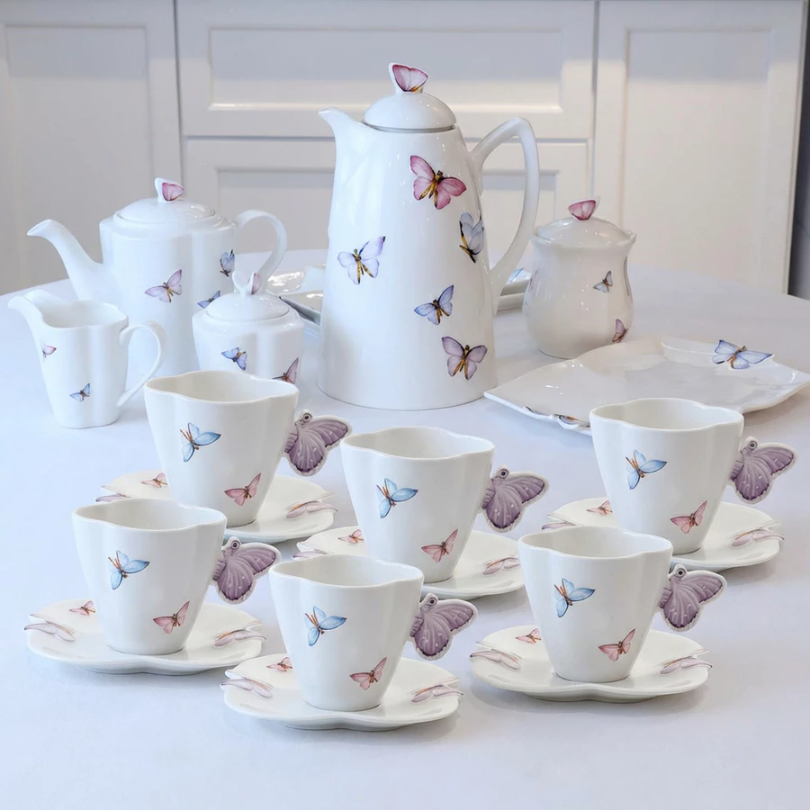 Conjunto 6 Xícaras de Chá de Porcelana Borboletas com Pires Branco 200ml Wolff – Cantinho do Café