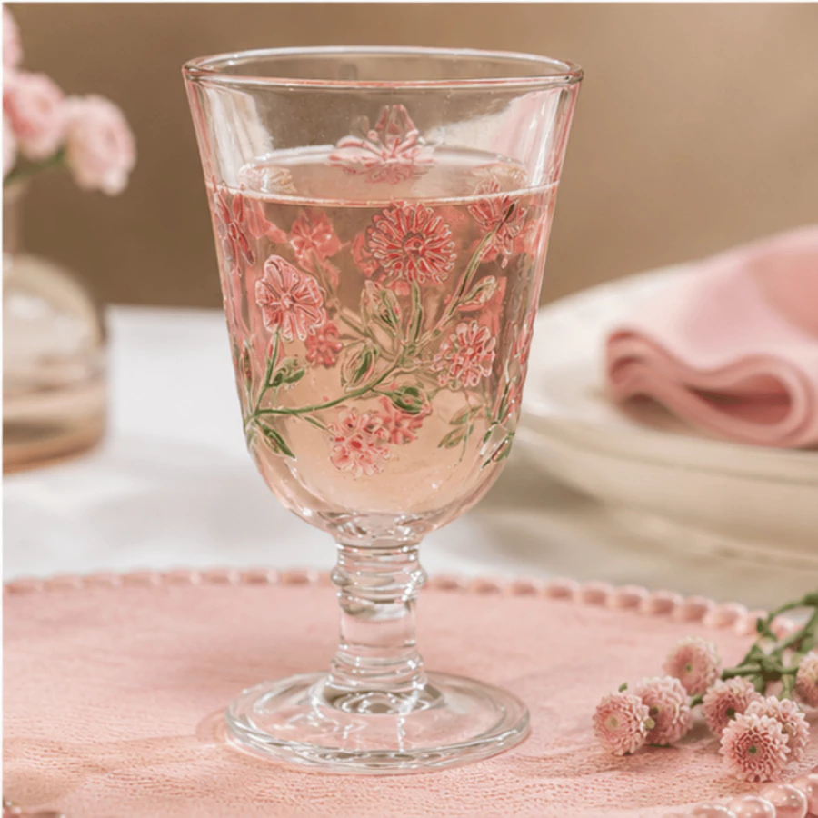 Jogo 6 Taças para Água Lys Floral 240ml Lyor Vidro Decorado Hand Painting Rosa Premium