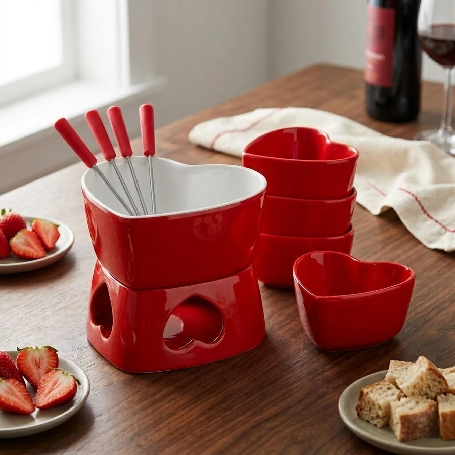 Conjunto Fondue Cerâmica 10 Peças — Panela 500ml + Ramequins 150ml
