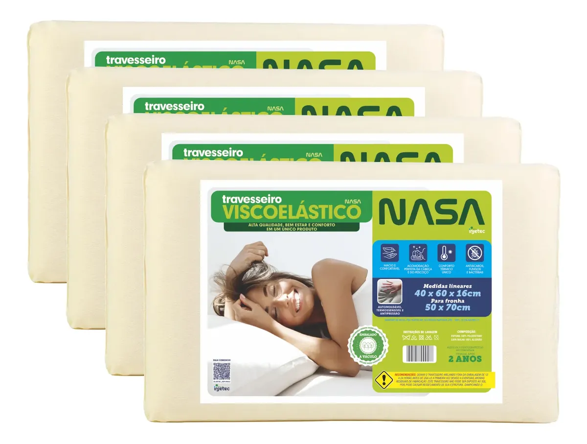 Kit 4 Travesseiros Nasa-X Original Viscoelástico Alívio de Dores